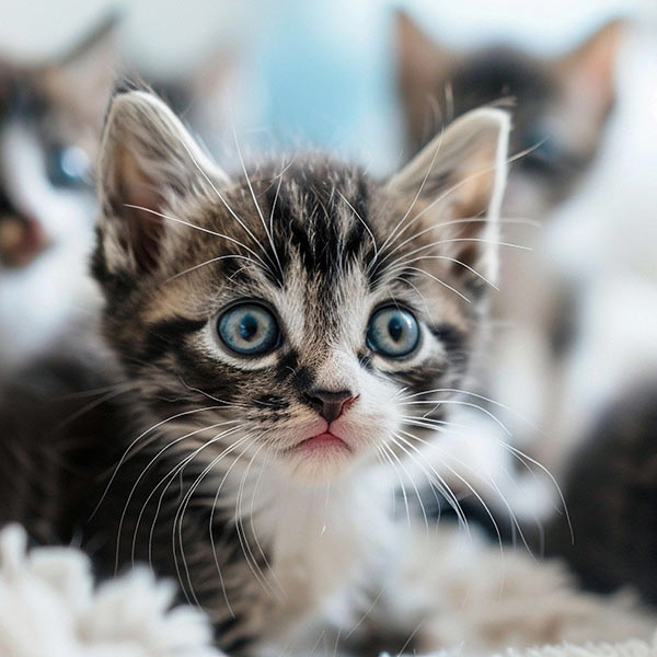 group of kittens looking alert on a fluffy bed